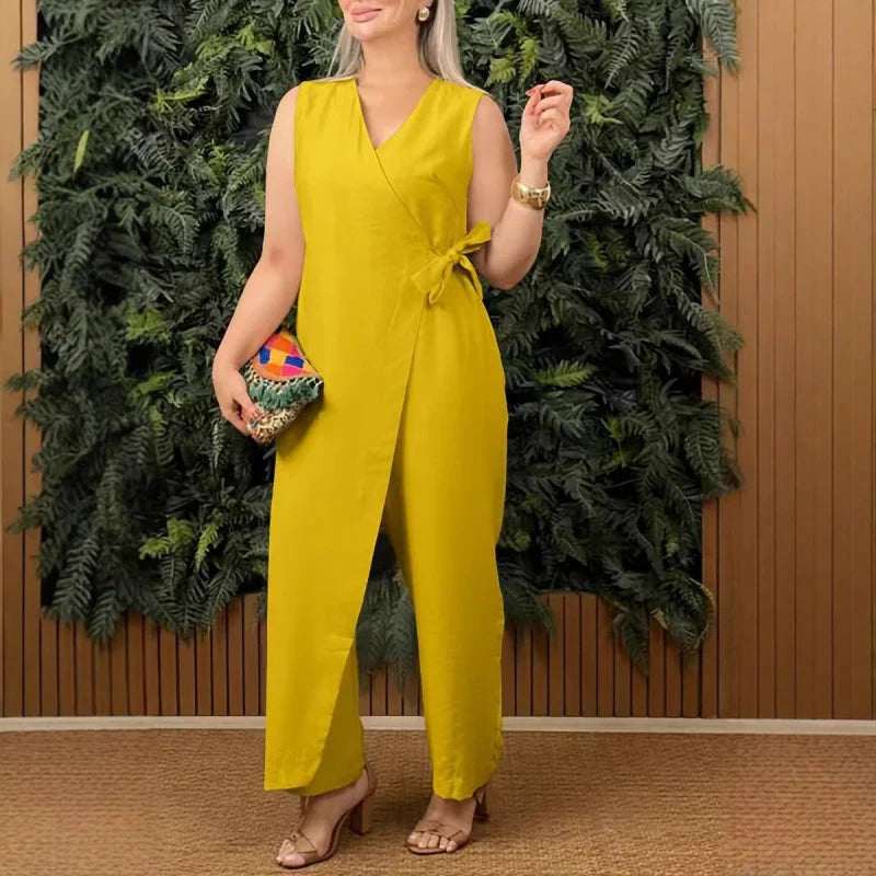 Mono monocolor con cuello en V y lazo en la cintura para mujer, ligero y versátil para verano o diario