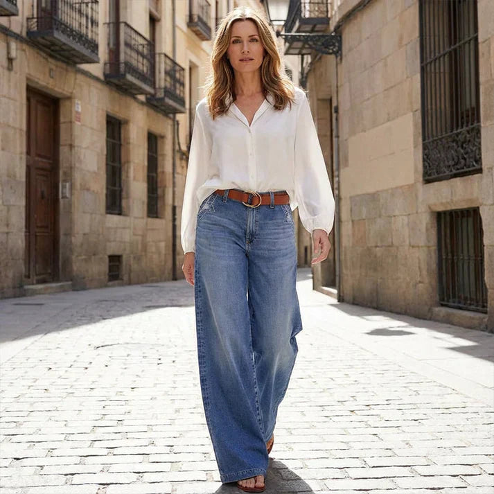Pantalones vaqueros de cintura alta y pierna ancha para mujer, diseño moderno y confortable