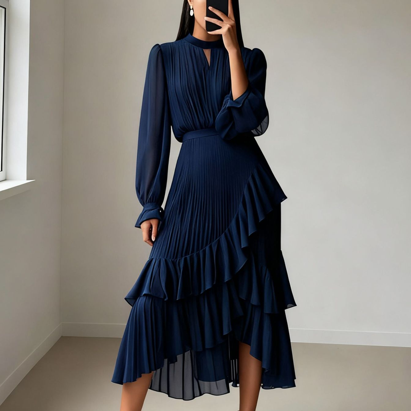 Vestido Midi Plisado con Volantes | Estilo Romántico