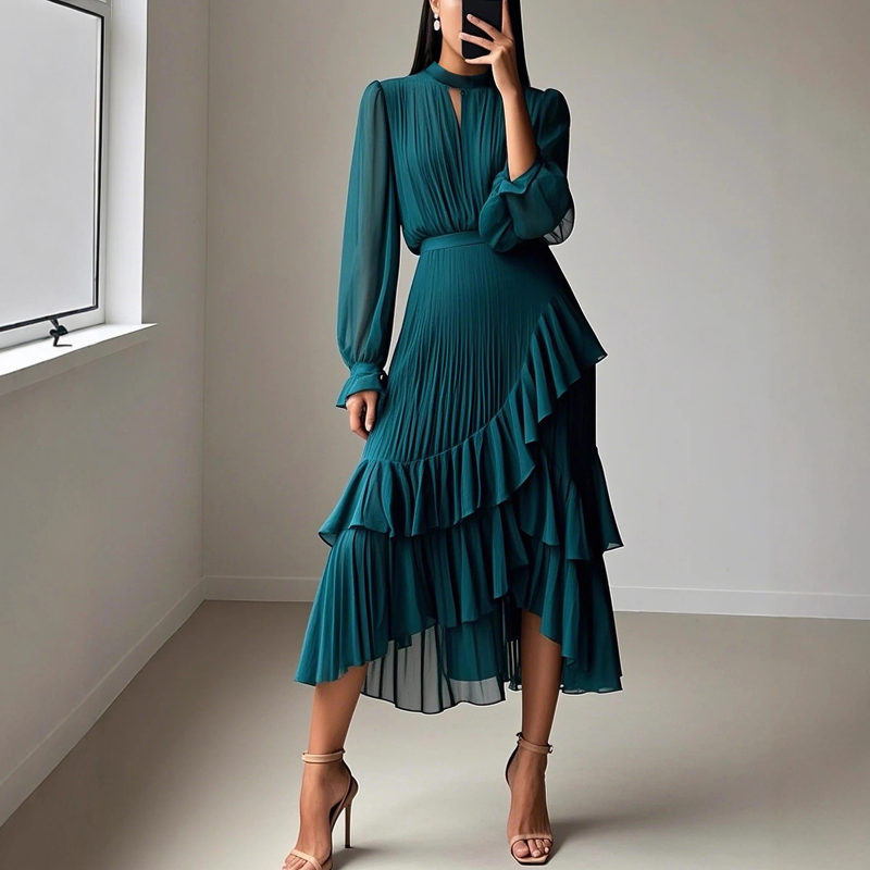 Vestido Midi Plisado con Volantes | Estilo Romántico