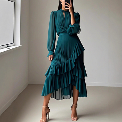 Vestido Midi Plisado con Volantes | Estilo Romántico