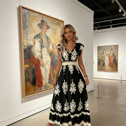 Vestido Maxi Barroco con Escote en V | Estilo Elegante para Mujer