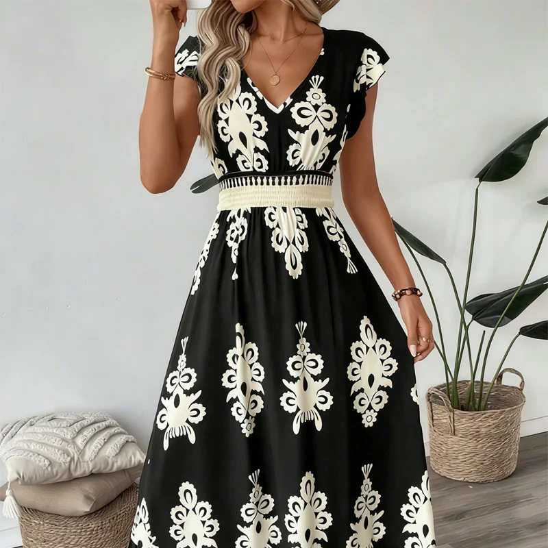 Vestido maxi barroco con escote en V para mujer - fresco y elegante