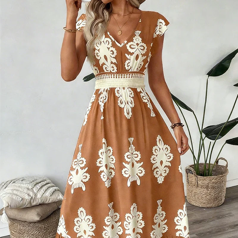 Vestido Maxi Barroco con Escote en V | Estilo Elegante para Mujer