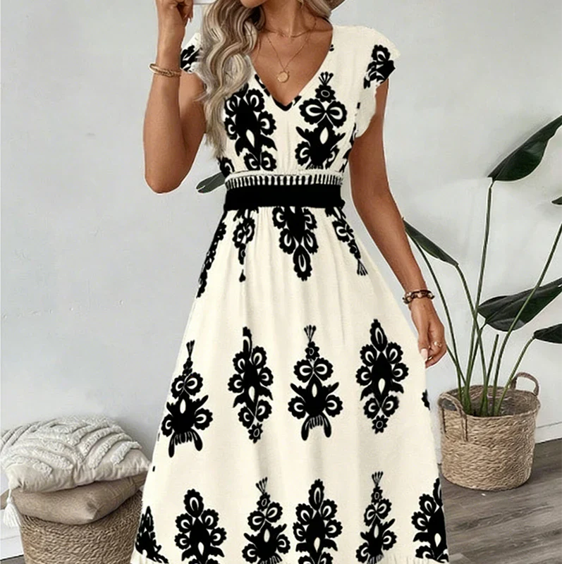 Vestido maxi barroco con escote en V para mujer - fresco y elegante