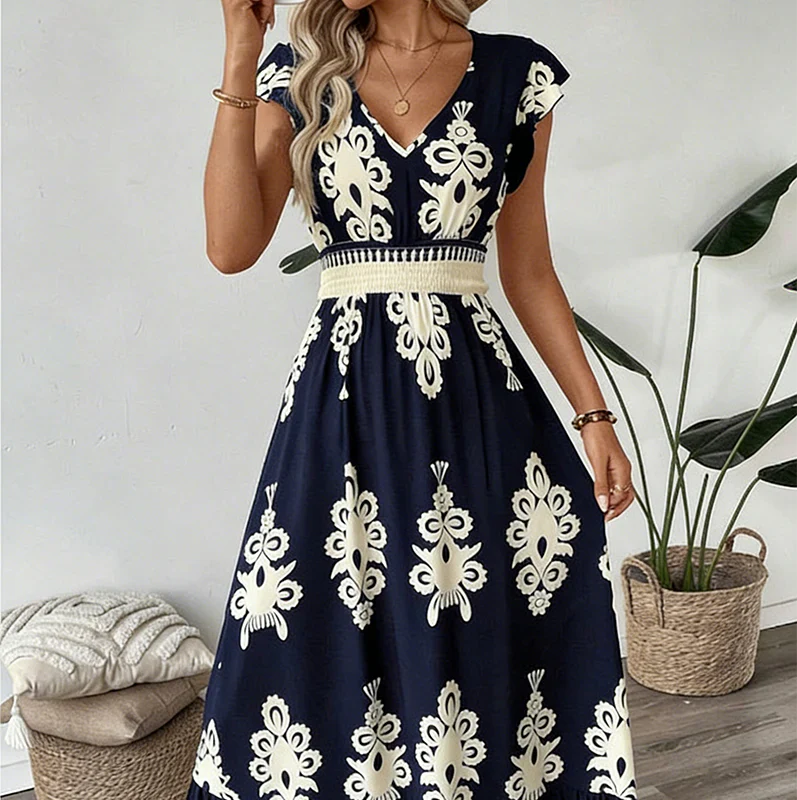 Vestido Maxi Barroco con Escote en V | Estilo Elegante para Mujer