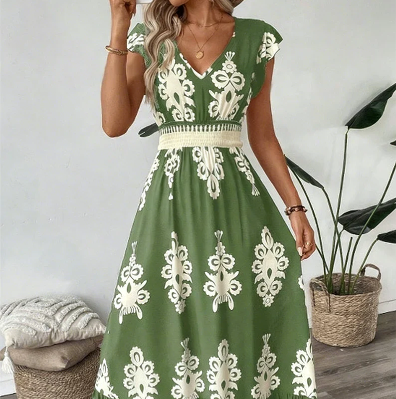 Vestido Maxi Barroco con Escote en V | Estilo Elegante para Mujer