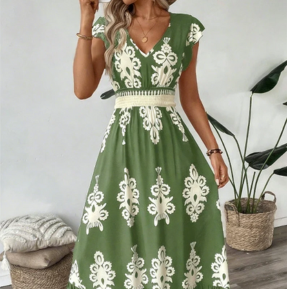 Vestido maxi barroco con escote en V para mujer - fresco y elegante