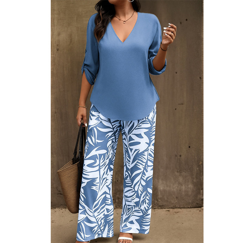 Leire | Conjunto de Blusa con Cuello en V y Pantalones Estampados de Corte Ancho para Mujer