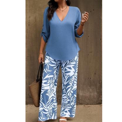 Leire | Conjunto de Blusa con Cuello en V y Pantalones Estampados de Corte Ancho para Mujer