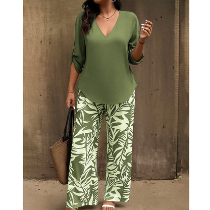 Leire | Conjunto de Blusa con Cuello en V y Pantalones Estampados de Corte Ancho para Mujer