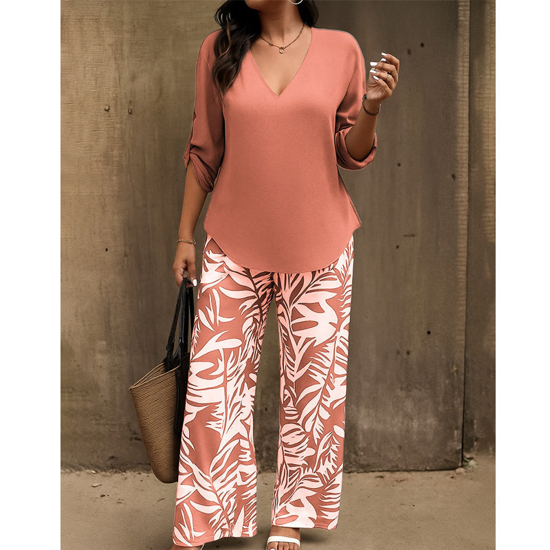 Leire | Conjunto de Blusa con Cuello en V y Pantalones Estampados de Corte Ancho para Mujer