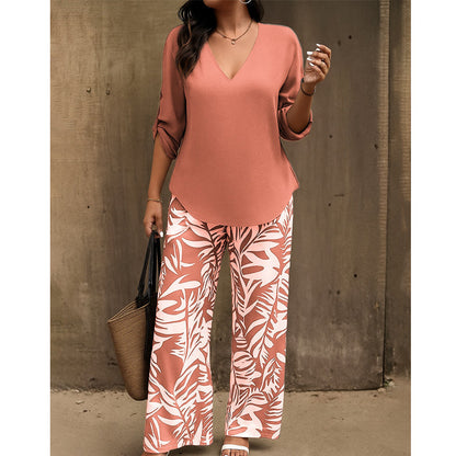 Leire | Conjunto de Blusa con Cuello en V y Pantalones Estampados de Corte Ancho para Mujer