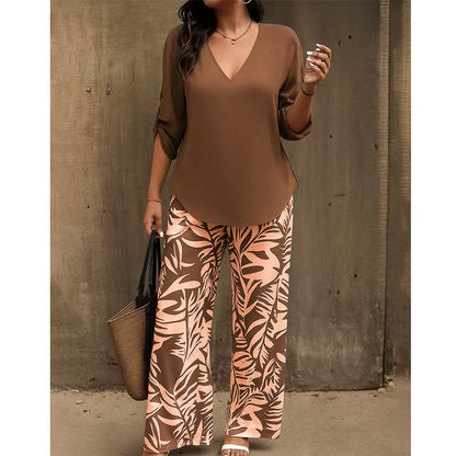 Leire | Conjunto de Blusa con Cuello en V y Pantalones Estampados de Corte Ancho para Mujer
