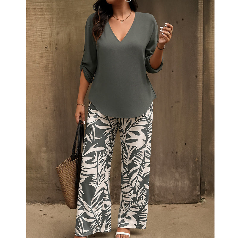Leire | Conjunto de Blusa con Cuello en V y Pantalones Estampados de Corte Ancho para Mujer