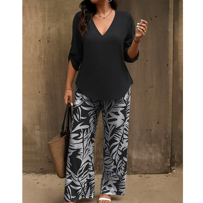 Leire | Conjunto de Blusa con Cuello en V y Pantalones Estampados de Corte Ancho para Mujer