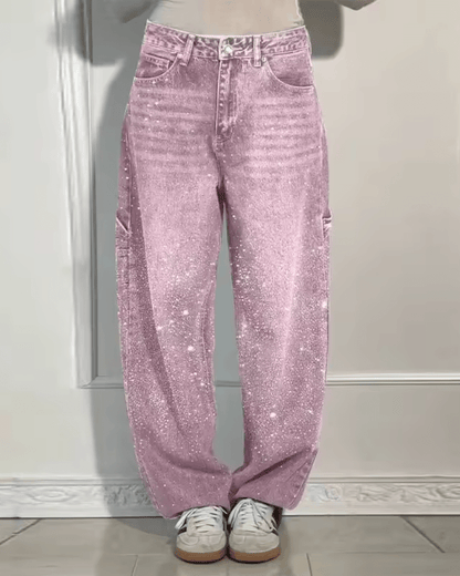Jeans carpenter de corte globo con brillo para mujer, modernos y versátiles para diario