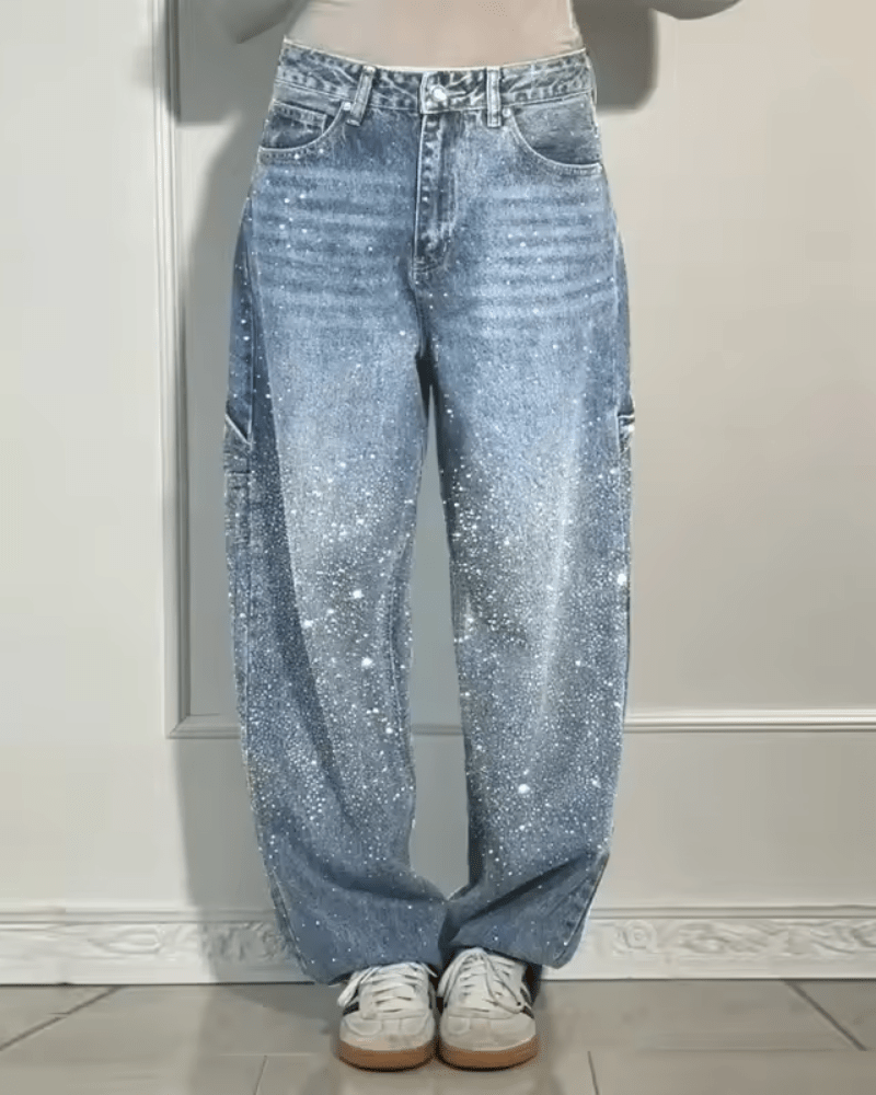 Jeans carpenter de corte globo con brillo para mujer, modernos y versátiles para diario