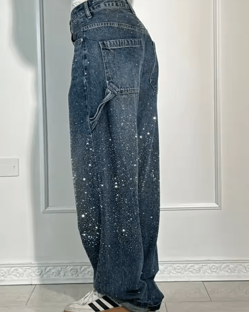 Jeans carpenter de corte globo con brillo para mujer, modernos y versátiles para diario