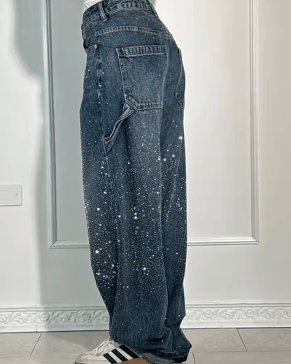 Jeans carpenter de corte globo con brillo para mujer, modernos y versátiles para diario