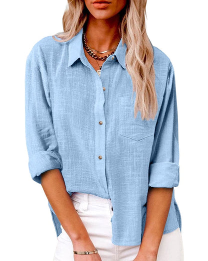 Tabitha | Women's Collared Long Sleeve Button Up Shirt - Light Blue - Image 7