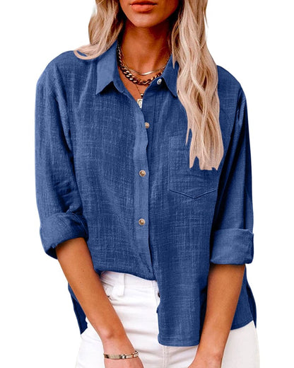 Camisa de manga larga con botones y cuello para mujer