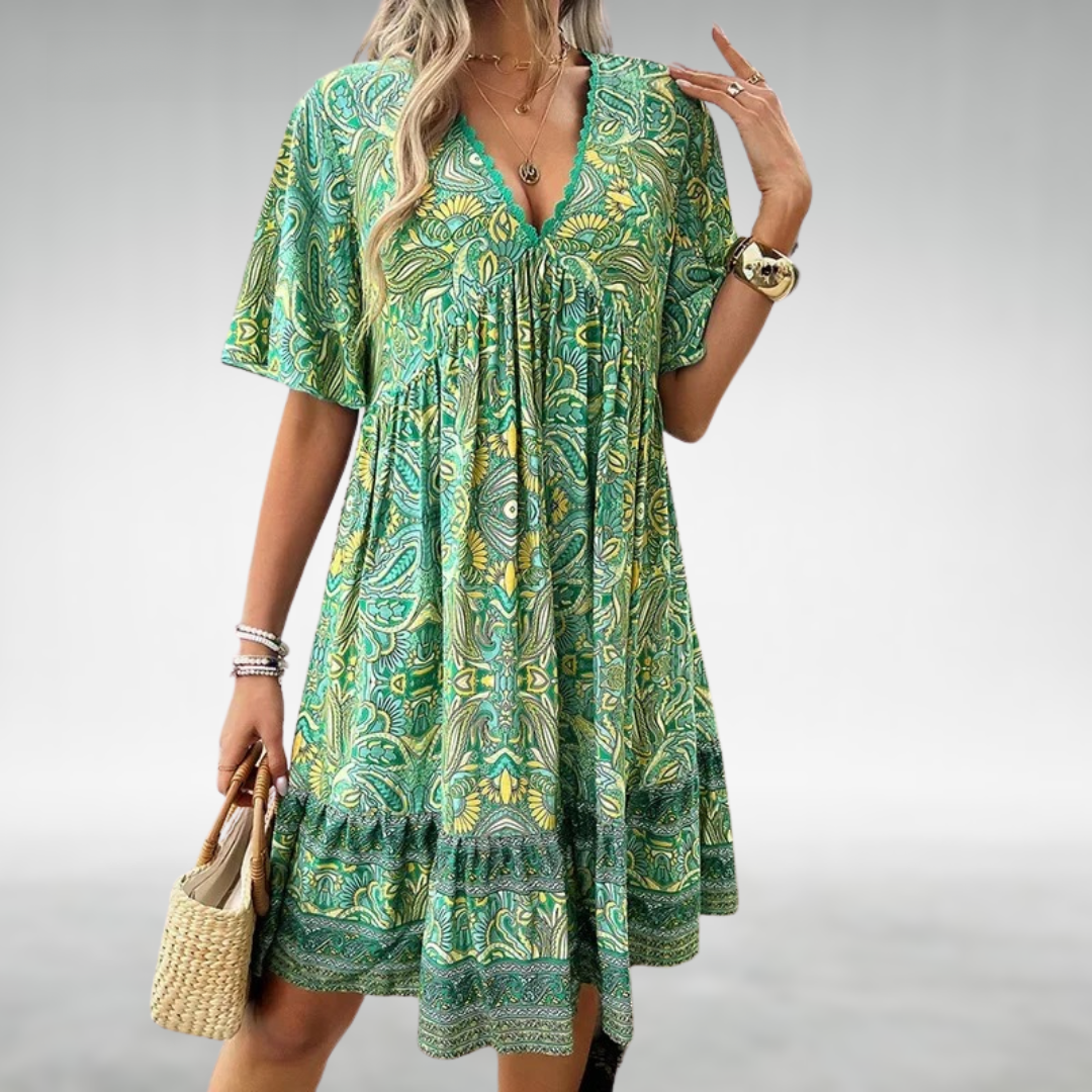 Tahlia | Women's Boho Printed V Neck Mini Dress - Green - Image 4