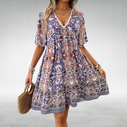 Vestido mini boho con cuello en V y estampado para mujer