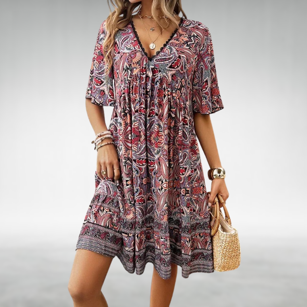 Vestido mini boho con cuello en V y estampado para mujer