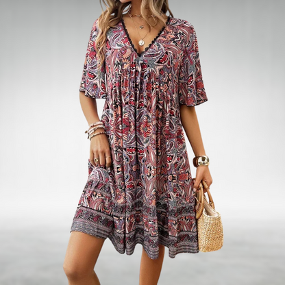 Vestido mini boho con cuello en V y estampado para mujer