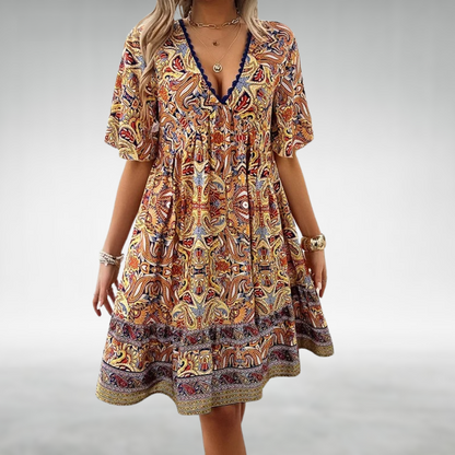 Vestido mini boho con cuello en V y estampado para mujer
