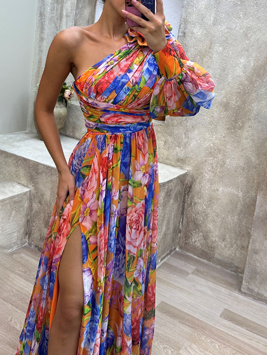Vestido maxi con un hombro y estampado floral para mujer
