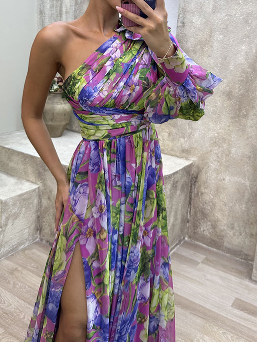 Vestido maxi con un hombro y estampado floral para mujer