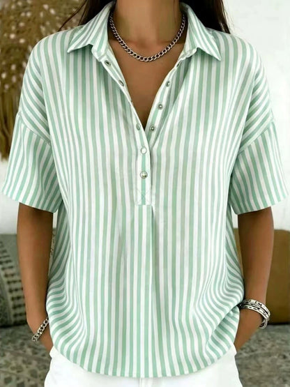 Thessa | Women's Striped Collared Short Sleeve Blouse - Striped - Image 6