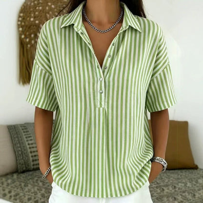Thessa | Women's Striped Collared Short Sleeve Blouse - Striped - Image 10