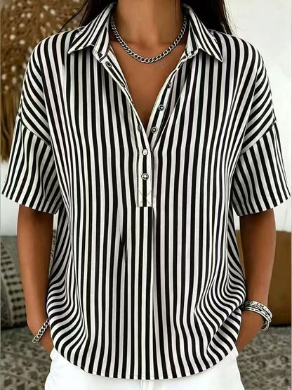 Thessa | Blusa de Manga Corta con Cuello y Estampado de Rayas para Mujer