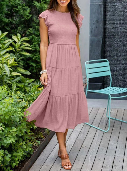 Tiered Maxi Dress Cap Sleeve Tummy Control