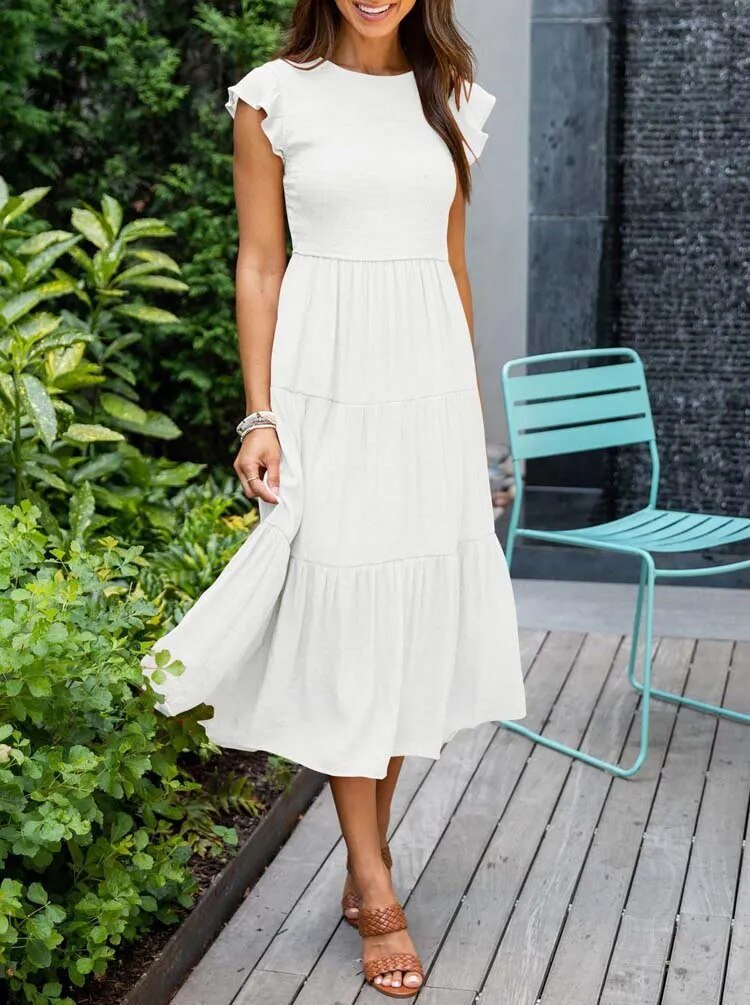 Tiered Maxi Dress Cap Sleeve Tummy Control
