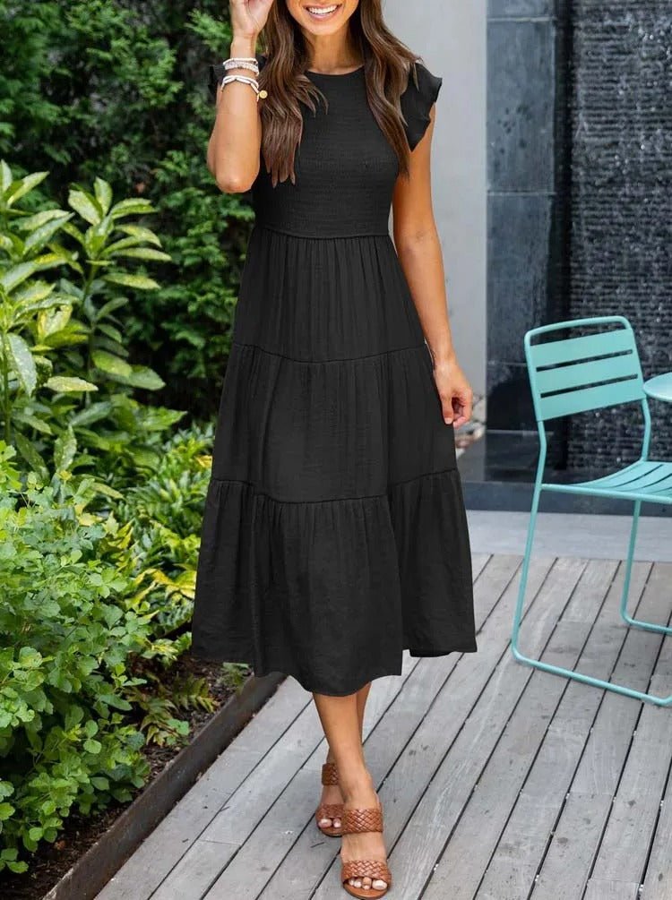 Tiered Maxi Dress Cap Sleeve Tummy Control