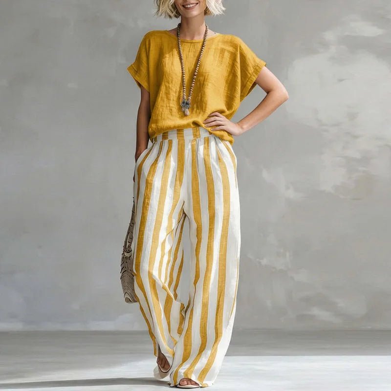 Two Piece Linen Set Wide Leg Pants Short Sleeve Top - Green