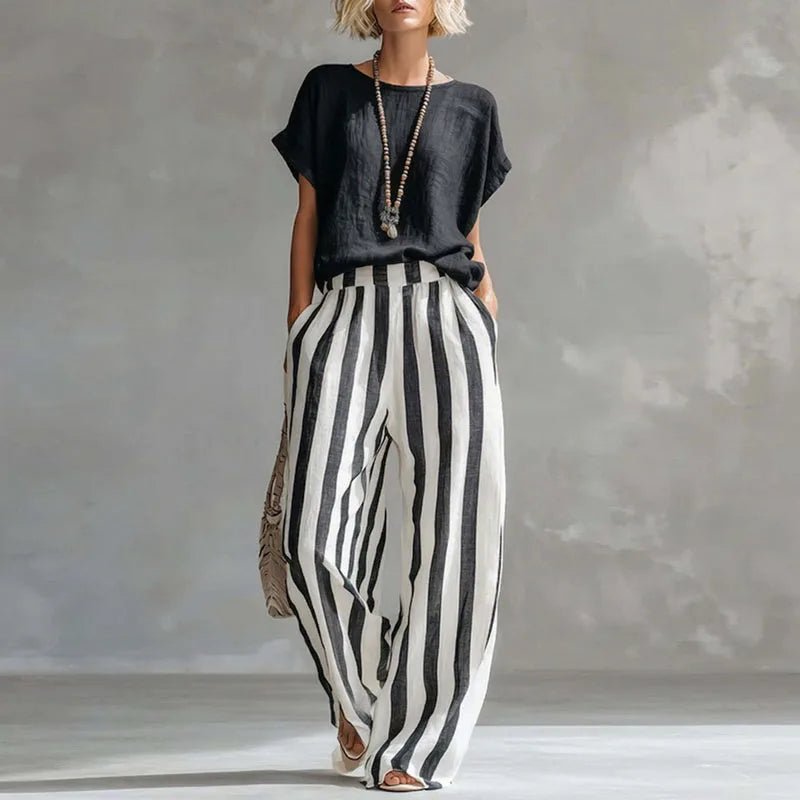 Two Piece Linen Set Wide Leg Pants Short Sleeve Top - Dark Blue