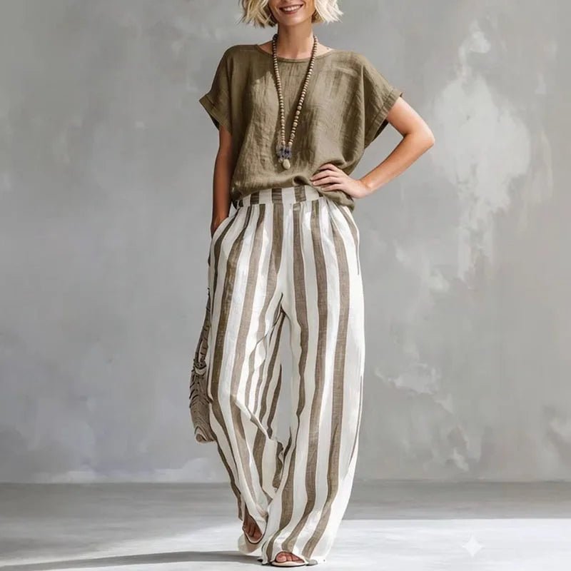 Conjunto de Lino de 2 Piezas con Pantalón Pernera Ancha y Top Manga Corta