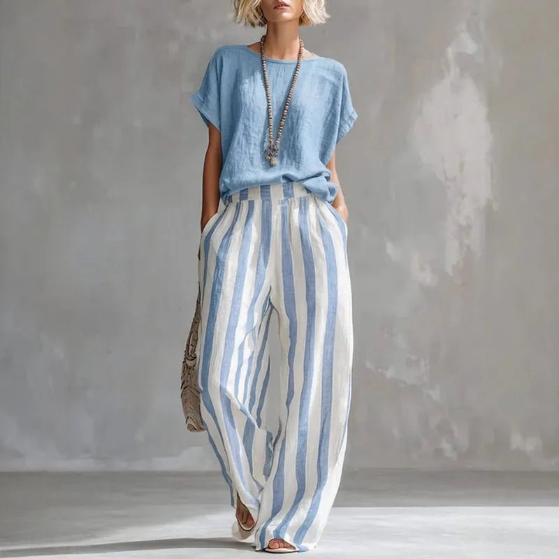 Conjunto de Lino de 2 Piezas con Pantalón Pernera Ancha y Top Manga Corta