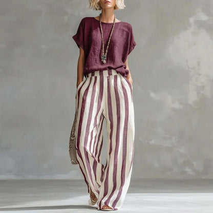 Conjunto de Lino de 2 Piezas con Pantalón Pernera Ancha y Top Manga Corta