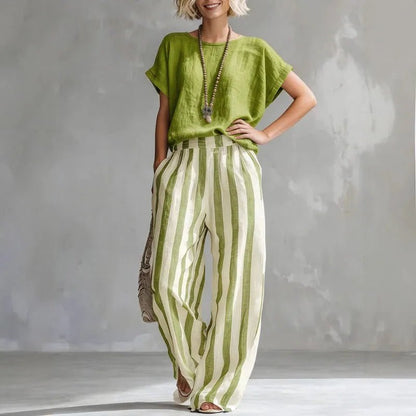 Conjunto de Lino de 2 Piezas con Pantalón Pernera Ancha y Top Manga Corta