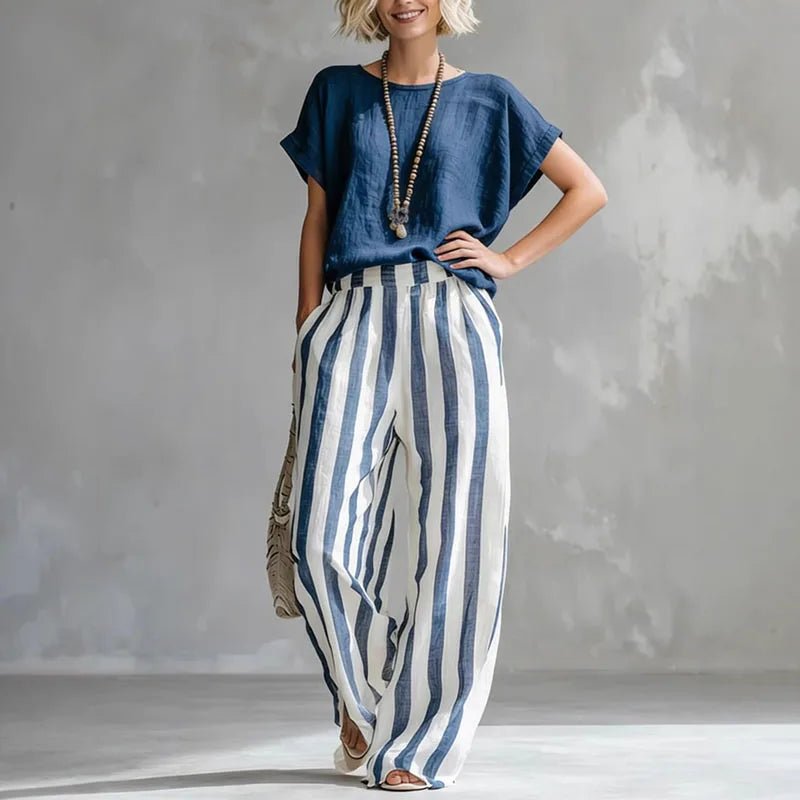 Conjunto de Lino de 2 Piezas con Pantalón Pernera Ancha y Top Manga Corta