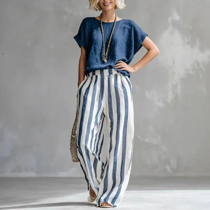 Conjunto de Lino de 2 Piezas con Pantalón Pernera Ancha y Top Manga Corta