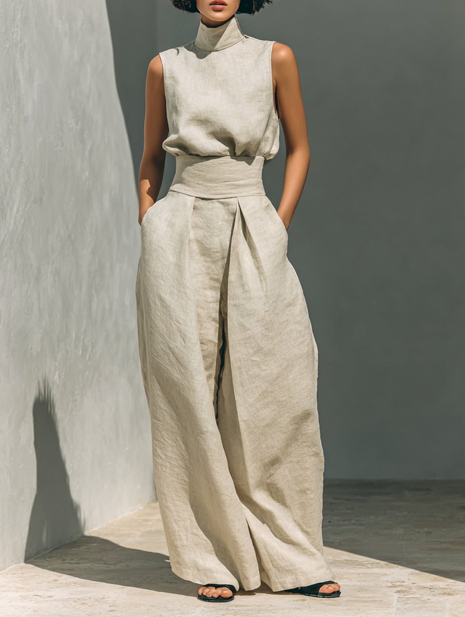 Two Piece Set Sleeveless Top Wide Leg Pants Linen