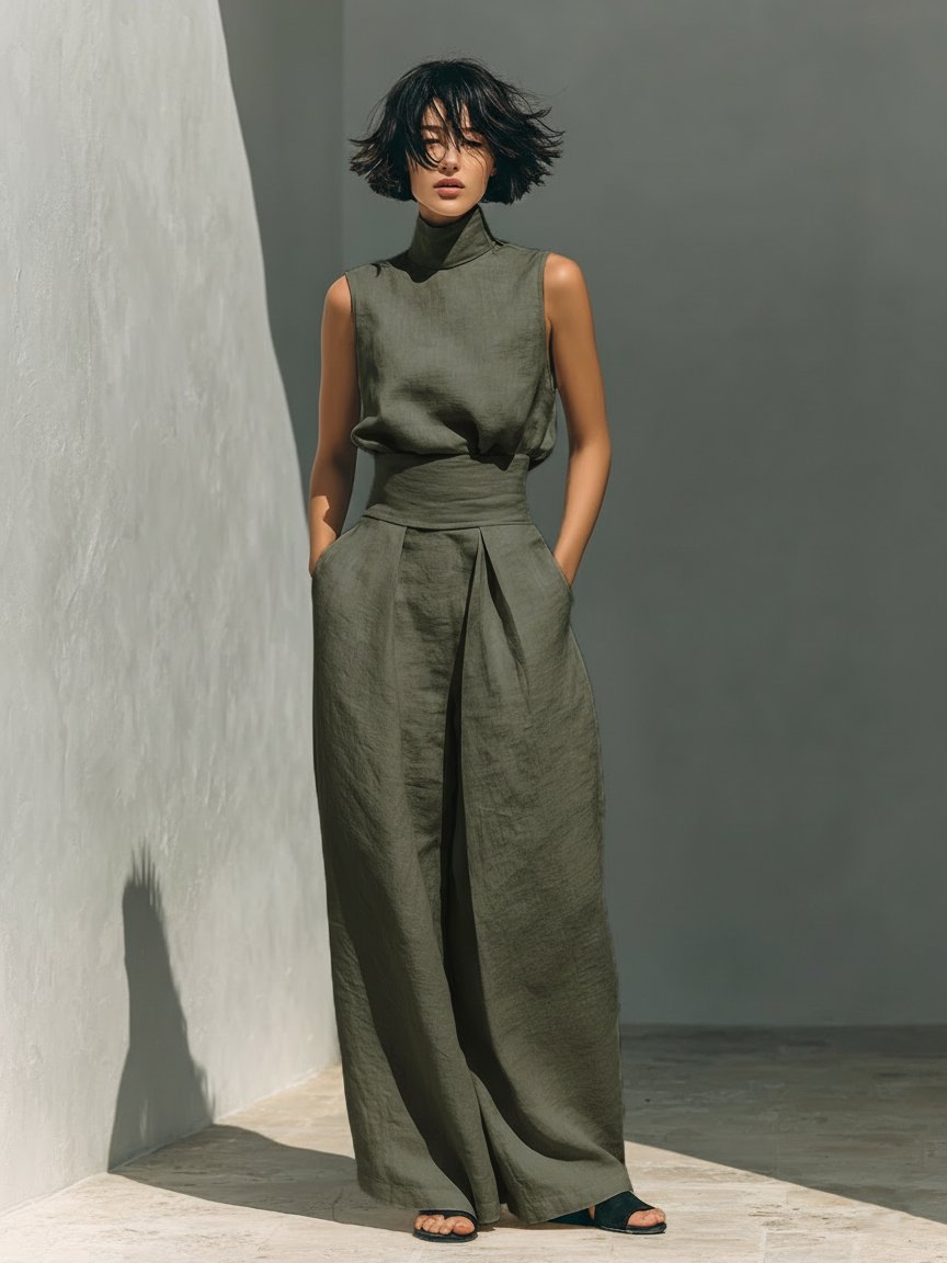 Two Piece Set Sleeveless Top Wide Leg Pants Linen
