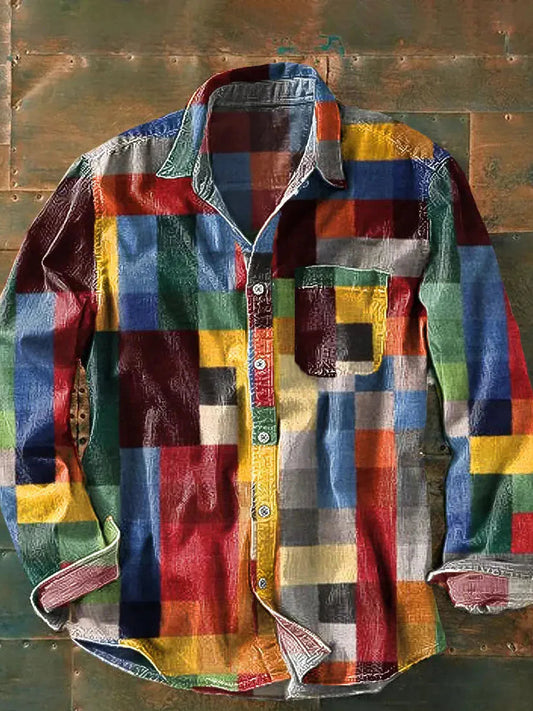 Camisa informal de manga larga para hombre con diseño multicolor de patchwork